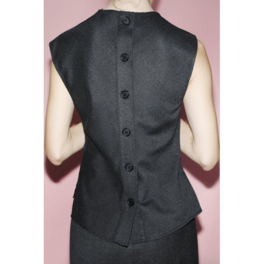 NWT Zara charcoal dark grey wool sleeveless draped ruched button back blouse top - Picture 2 of 7